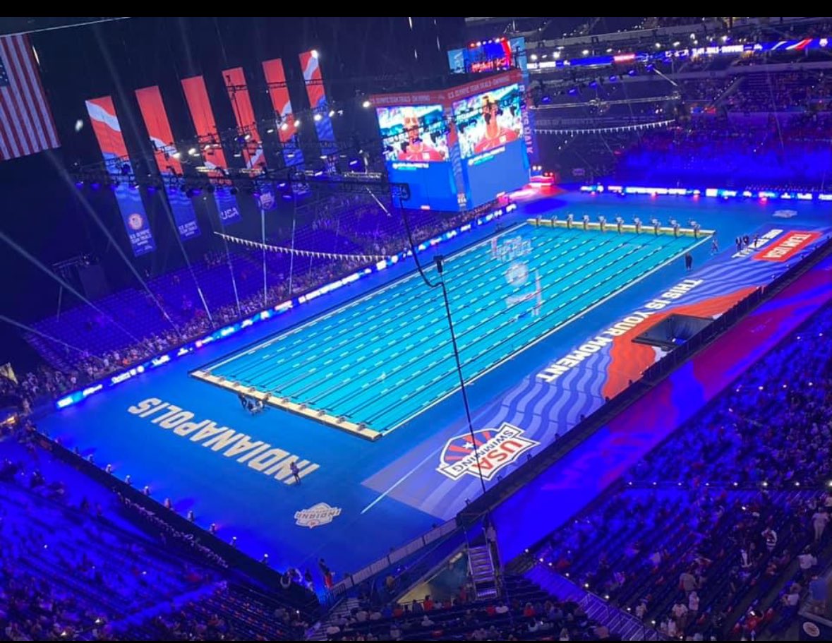 CandiceANielsen's tweet photo. Caroline having an awesome day at US Olympic swim trials @ Lucas Oil Stadium, Indy! What an experience to cheer on these swimmers live and watching some incredible swims! 🇺🇸 A 14-yr-old girl just won her prelim heat to make finals today in the 400 IM!! 
#SwimTrials24 🤯❤️🤍💙💦 https://t.co/RoMgXZkWHl