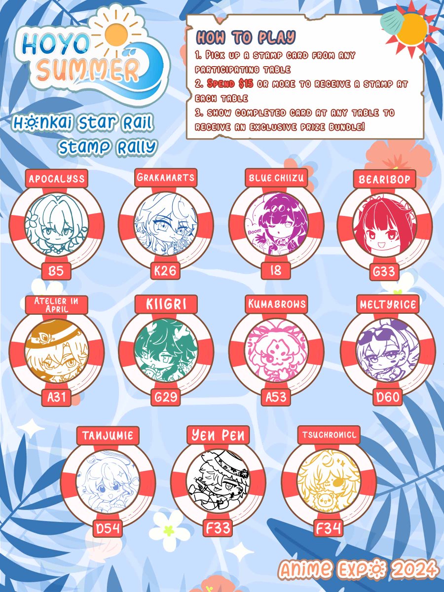 grakanarts's tweet photo. ☀️AX Honkai Star Rail Stamp Rally ☀️

[RTs🩵] Welcome to Hoyo Summer🏖️! We are a team of 11 artists running a HSR Summer themed Stamp Rally at Anime Expo🍧🥥!

A prize of an exclusive HSR Beach Towel + PomPom Fan + Photocards😎!

#AX2024 #AX2024ArtistAlley #AXArtistAlley2024 https://t.co/NaPwMi0uSx