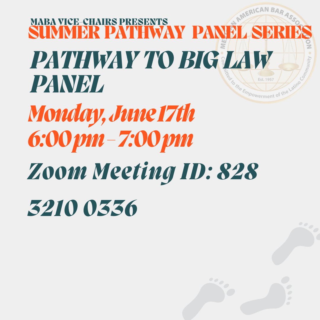 mabalaco1957's tweet photo. Our Pathway Panel Series: Pathway to Big Law is happening today, June 17th at 6 p.m. via Zoom! To tune in for today's panel, please open Zoom and enter the meeting ID: 828 3210 0336. A password is not required. https://t.co/y7GMRvuGIq