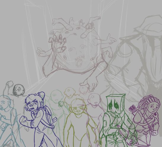 still working on it- but im quite a bit closer than I was haha. still have 8 people and one monster to add clothing/lineart to before color #wip