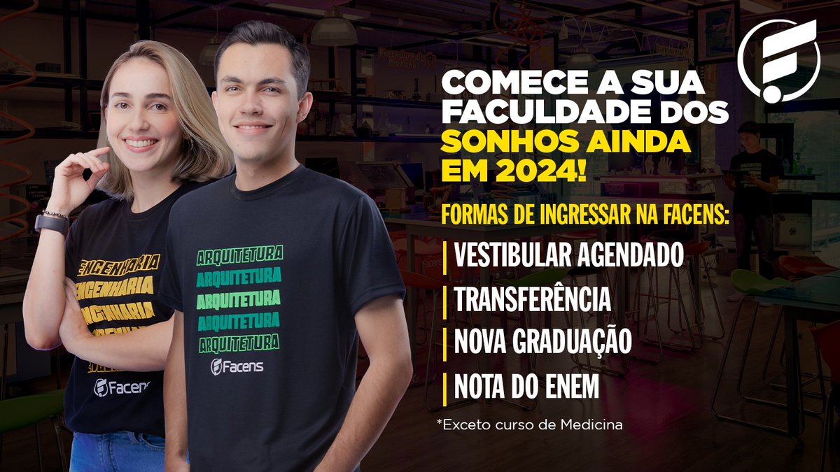 Viva agora o #JEITOFACENS!
Vestibular Agendado: escolha a melhor data pra você.
Transferência: descontos individuais e pra grupos.
Nova Graduação: descontos pra quem já fez a 1ª graduação.
Nota do ENEM: use sua pontuação e entre sem fazer prova.
facens.br