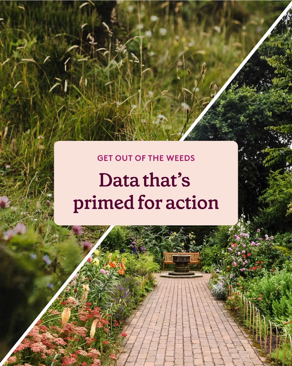 A serene garden path lined with lush green plants and colorful flowers leads to a wooden bench, set against a densely vegetated background. A sign in the foreground reads, "GET OUT OF THE WEEDS, Data that's primed for action."