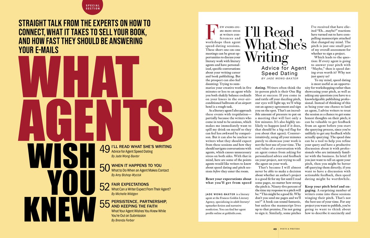 Agent speed-dating sessions can be stressful. “Reset your expectations,” advises Jade Wong-Baxter (<a href="/jwongbaxter/">Jade Wong-Baxter</a>). “The real value of a conversation with an agent comes from asking for personalized advice and feedback on your project, not trying to sell the agent on your work.”