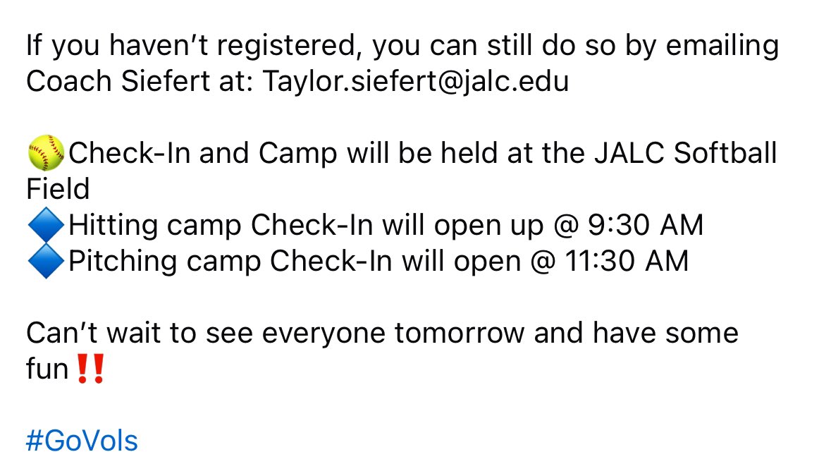 jalc_softball's tweet photo. 🚨 JALC SOFTBALL SUMMER CAMP 1 IS TOMORROW 🚨

If you haven’t registered, you can still do so by emailing Coach Siefert at: Taylor.siefert@jalc.edu https://t.co/rNpPelXp2X