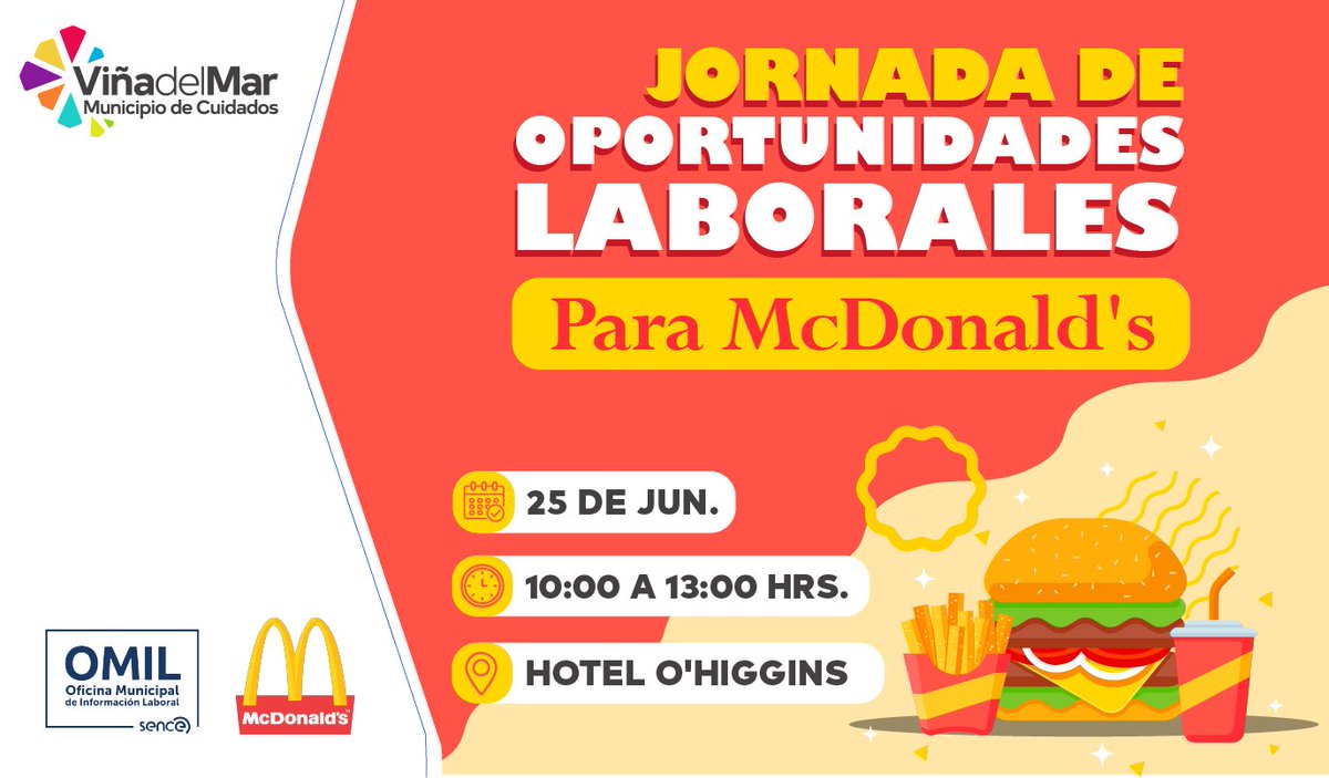 𝗝𝗢𝗥𝗡𝗔𝗗𝗔 𝗗𝗘 𝗢𝗣𝗢𝗥𝗧𝗨𝗡𝗜𝗗𝗔𝗗𝗘𝗦 𝗟𝗔𝗕𝗢𝗥𝗔𝗟𝗘𝗦 𝗣𝗔𝗥𝗔 𝗠𝗖𝗗𝗢𝗡𝗔𝗟𝗗❜𝗦💼🍔

El Municipio de Cuidados, a través de Omil Viña y en colaboración con SENCE Red Valparaíso, te invita a nuestra Jornada de Oportunidades Laborales para McDonald's.
