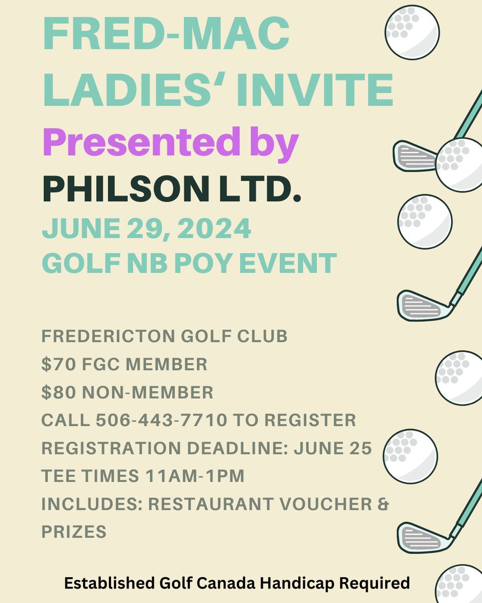 Fredericton Golf Club (@playfgc) on Twitter photo Annual Ladies Fred-Mac golf tournament, June 29. A GolfNB player of the year event. Call the proshop (506) 443-7710 to register. <a href="/thegolfnb/">Golf New Brunswick</a> Annual Ladies Fred-Mac golf tournament, June 29. A GolfNB player of the year event. Call the proshop (506) 443-7710 to register. <a href="/thegolfnb/">Golf New Brunswick</a>