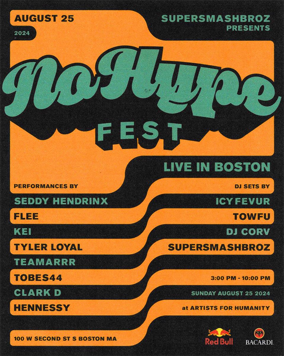 Sunday, August 25 | No Hype ‘24 🔊 

📍 <a href="/afhboston/">Artists For Humanity</a> 

3pm - 10pm 

Performances by: 
<a href="/seddyhendrinx/">Seddy Hendrinx</a>
<a href="/FleeGhost/">FLEE</a> 
<a href="/keiweifruit/">kei :)</a> 
<a href="/TylerLoyal/">Tyler Loyal 🌐</a> 
<a href="/ImalilTcup/">teamarrr</a> 
<a href="/tobesff/">fourfour</a> 
<a href="/sirclarkd/">CLARK D</a> 
<a href="/poursomehenny/">HENNESSY</a> 

DJ sets by: 
<a href="/_supersmashbroz/">SuperSmashBroz</a> 
<a href="/YungTowfu/">Towfu Say ☾</a> 
@icyfevur 
@CorvitosWay 

Tix ⤵️

#NoHype