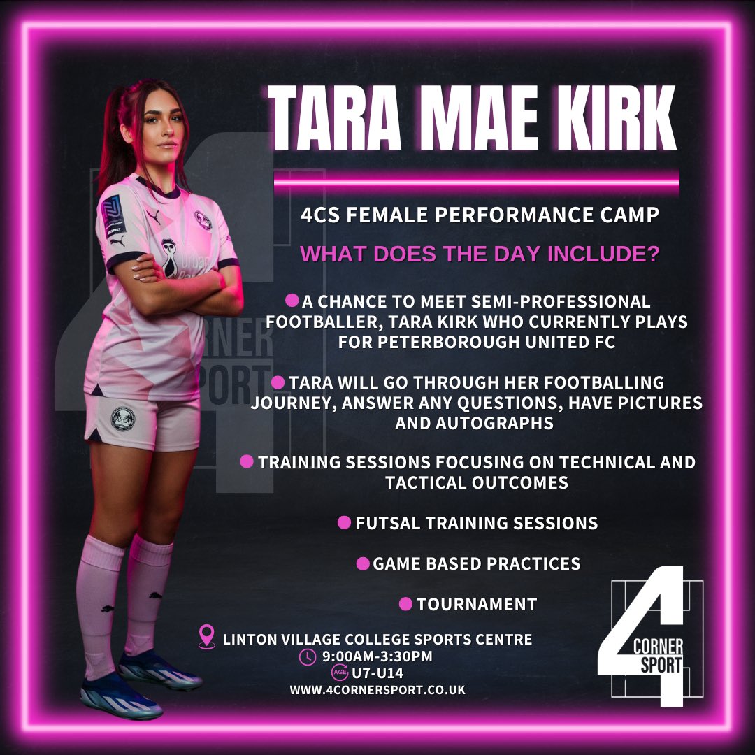4cornersport (@4cornersport1) on Twitter photo 4CS is excited to announce that for our Female Performance Camp, we will be welcoming <a href="/tiaraxmae/">Tara Kirk β½οΈ</a> π
Tara, a semi-professional footballer, will be meeting all players attending for the day, providing a fantastic opportunity for everyone involved.β½οΈ
4cornersport.co.uk/performancecamp 4CS is excited to announce that for our Female Performance Camp, we will be welcoming <a href="/tiaraxmae/">Tara Kirk β½οΈ</a> π
Tara, a semi-professional footballer, will be meeting all players attending for the day, providing a fantastic opportunity for everyone involved.β½οΈ
4cornersport.co.uk/performancecamp