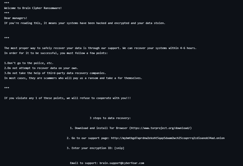 DarkWebInformer's tweet photo. 🚨NEW RANSOMWARE🚨Brain Cipher Ransomware is a new group. h/t: ThreatLabz

DLS: mybmtbgd7aprdnw2ekxht5qap5daam2wch25coqerrq2zdioanob34ad[.]onion https://t.co/syObuUEk7K