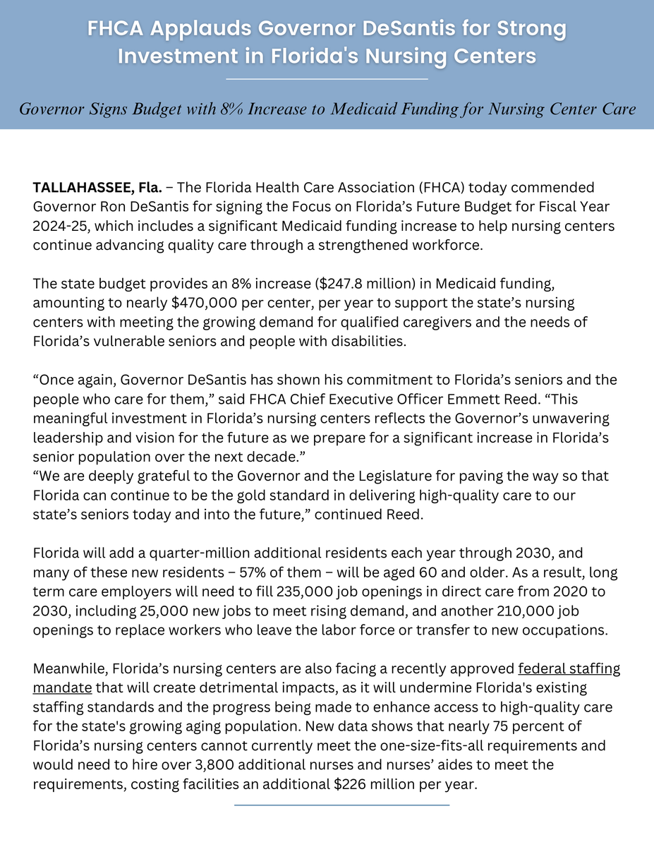 HCANJ's tweet photo. Our sister association in Florida (@FHCA) has put out the following press release touting the significant investment their state is making in nursing homes there.🏥💖 #FloridaHealthcare #NursingHomeInvestment #ProgressInCare #FHCA https://t.co/cocXz7YyR0