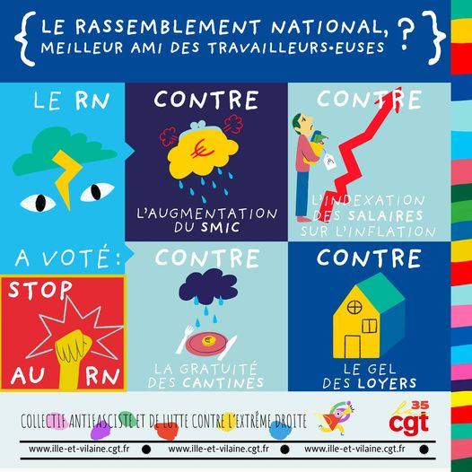 Réagir immédiatement car le RN est une imposture !
Le RN voudrait faire croire qu’il est devenu «social». Qu’avec son élection, notre quotidien s’améliorerait. C’est exactement l’inverse !
Il dit même désormais ne plus revenir sur la retraite à 64 ans !
#frontpopulaire #CGT