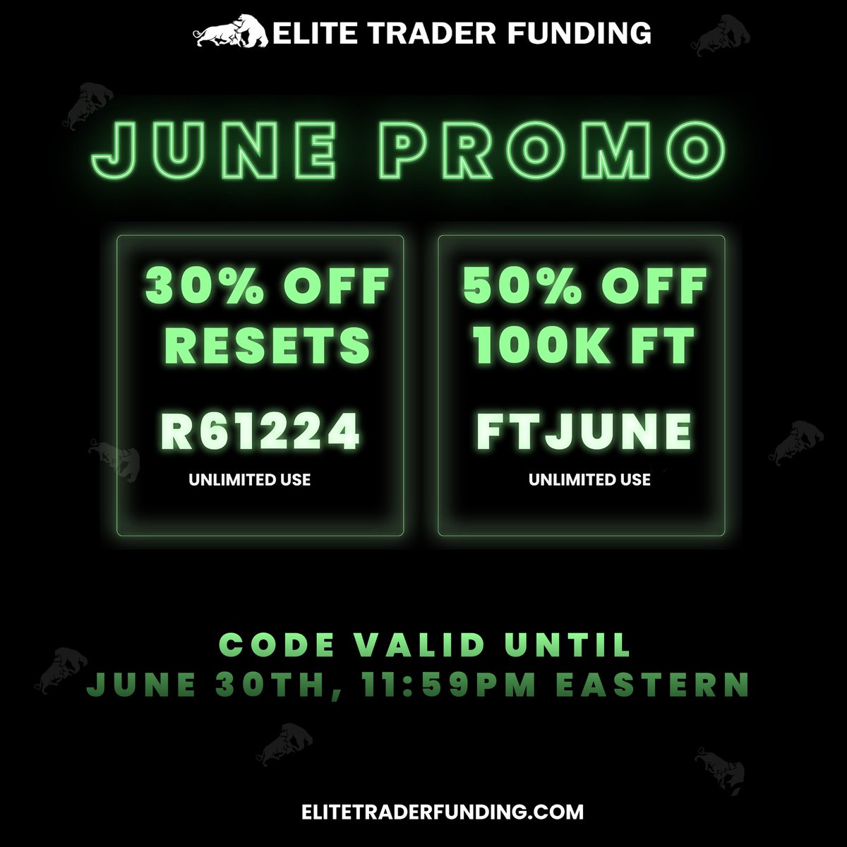 EliteTraderFund's tweet image. Everyone who retweets and comments under this post will get a chance to win one of 25 FREE EVALUATION RESETS!😌

You have 24 hours from this moment. Winners will be announced on Thursday, June 20th on Twitter😎
Let's GO!🥳