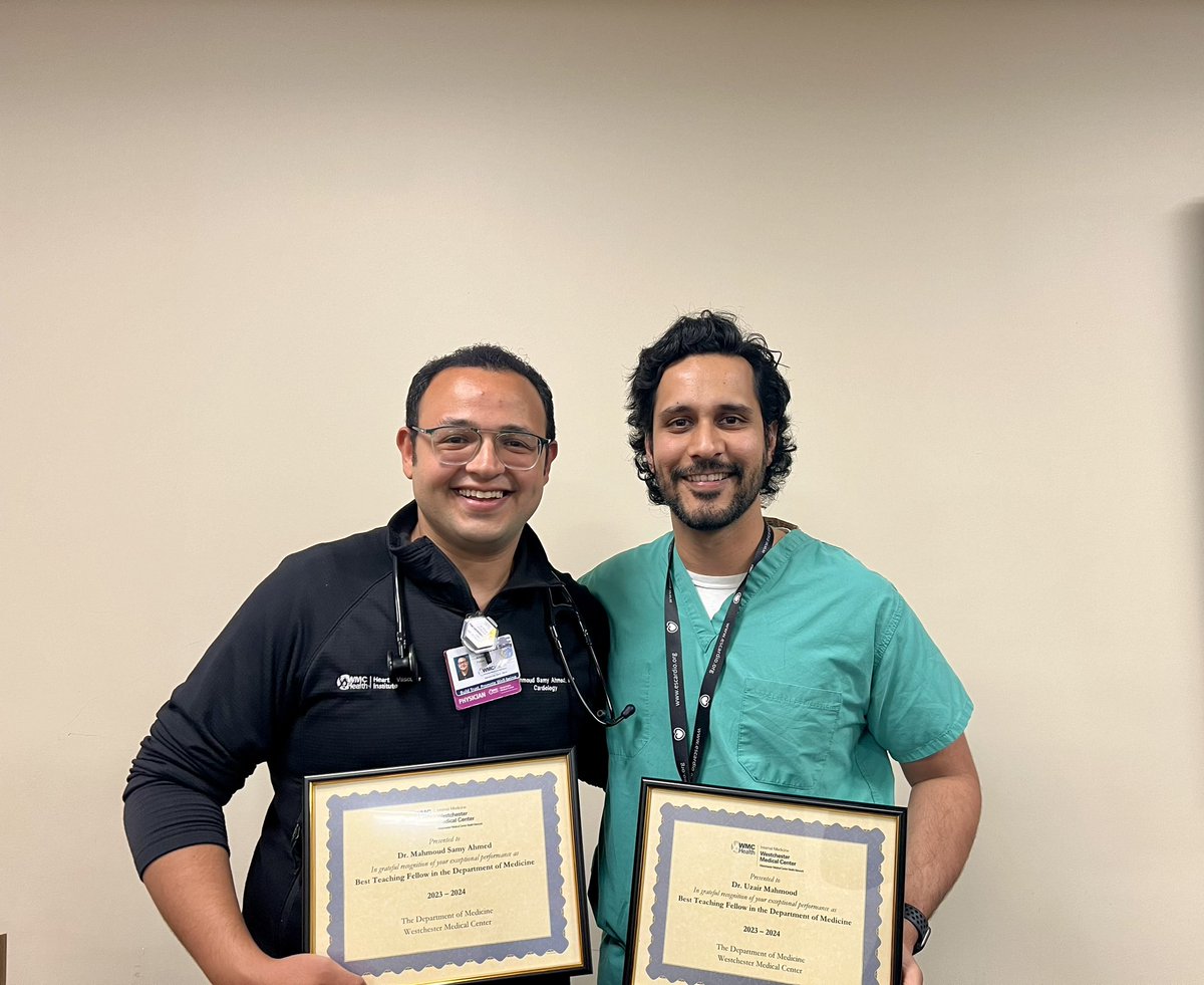 Westchester Medical Center Cardiology Fellowship (@wmccardsfellows) on Twitter photo Congratulations to our outgoing Chief Fellow <a href="/UzairAMahmood1/">Uzair Mahmood</a> & ๐ Rising F3 <a href="/MahmoudSamyMD/">Mahmoud Samy Ahmed</a> for being awarded this yearโs Best Teaching Fellows, from the Internal Medicine Department @WestchesterMed!! ๐ ๐๐ผ ๐ ๐๐ผ
We are extremely proud of you both! Congratulations to our outgoing Chief Fellow <a href="/UzairAMahmood1/">Uzair Mahmood</a> & ๐ Rising F3 <a href="/MahmoudSamyMD/">Mahmoud Samy Ahmed</a> for being awarded this yearโs Best Teaching Fellows, from the Internal Medicine Department @WestchesterMed!! ๐ ๐๐ผ ๐ ๐๐ผ
We are extremely proud of you both!