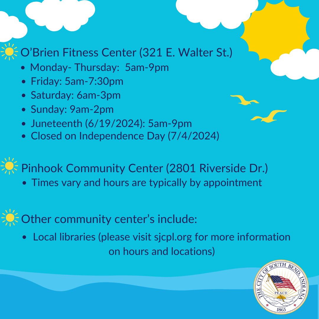 As hot temperatures approach, please keep in mind that there are cooling centers throughout South Bend that residents can utilize. Community centers in the City of South Bend are always open to the public, no matter what the season. Stay safe and stay cool!