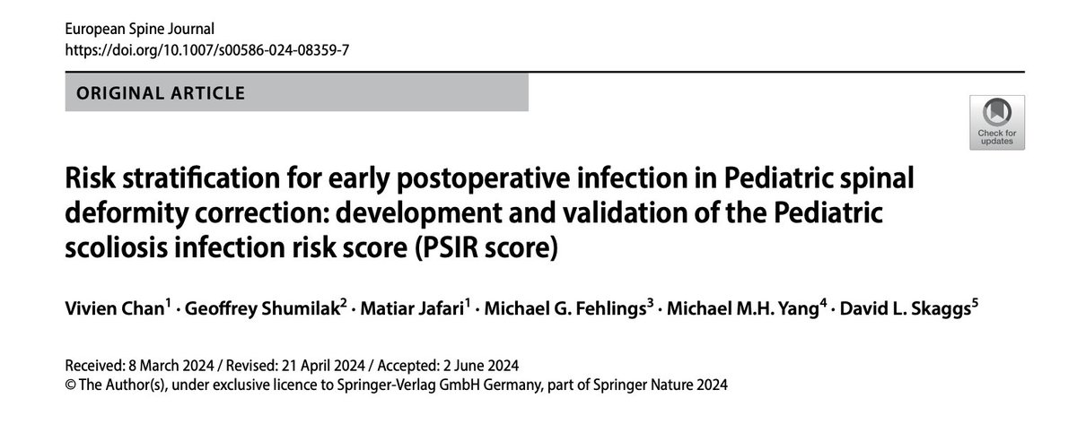 MichaelYangMD's tweet photo. New paper alert!

We developed the Pediatric Scoliosis Infection Risk (PSIR) score that can help risk stratify patients at risk for developing a SSI after pediatric scoliosis surgery

Congrats to Dr. Vivien Chan on seeing this project to the end!

https://t.co/2Ddk3nBS3m https://t.co/eA3C0RFzso