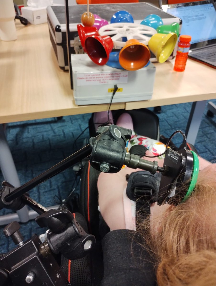 1_forget's tweet photo. Productive day of #AssistiveTechnology assessments today. We worked on choice-making with 2 switches, we used a single switch for #causeandeffect (with lights and bells), #eyegaze for #Choicemaking, eyegaze for #earlycommunication and #headswitch bells for cause & effect learning https://t.co/n137KRkbAb