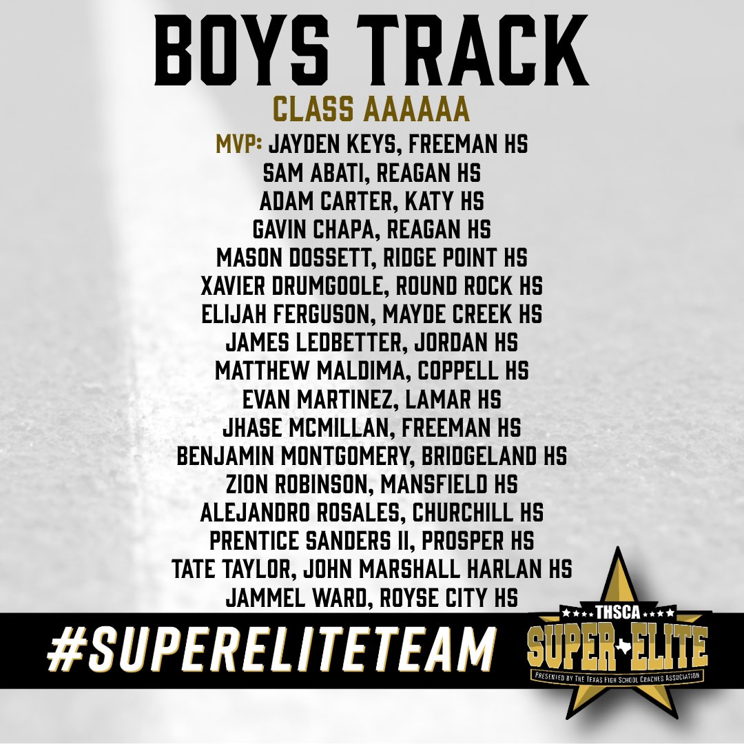 🎉CONGRATULATIONS to the 6A Boys Track &amp; Field #SuperEliteTeam recipients! You make us #THSCAproud!🙌🏃

🔗 Click here to view the list thsca.com/super-elite-te…