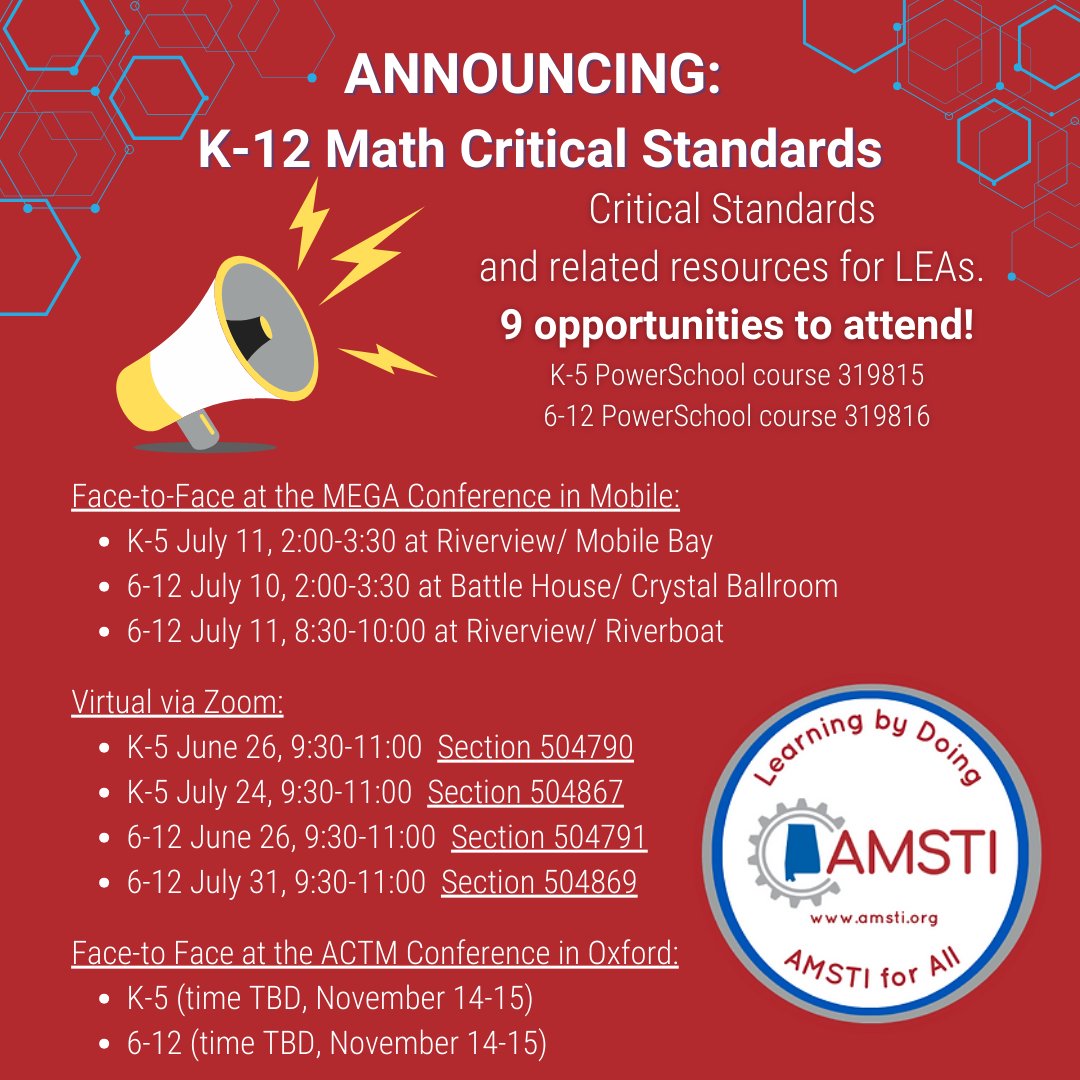 Join us 6/26 9:30-11:00 for newly released critical standards &amp; AMSTI's updated Math resources.  Discuss ALCOS implementation for math grade-level planning &amp; classroom instruction.
Register for K-5: alsde.truenorthlogic.com/ia/empari/lear…

Register for 6-12: alsde.truenorthlogic.com/ia/empari/lear…