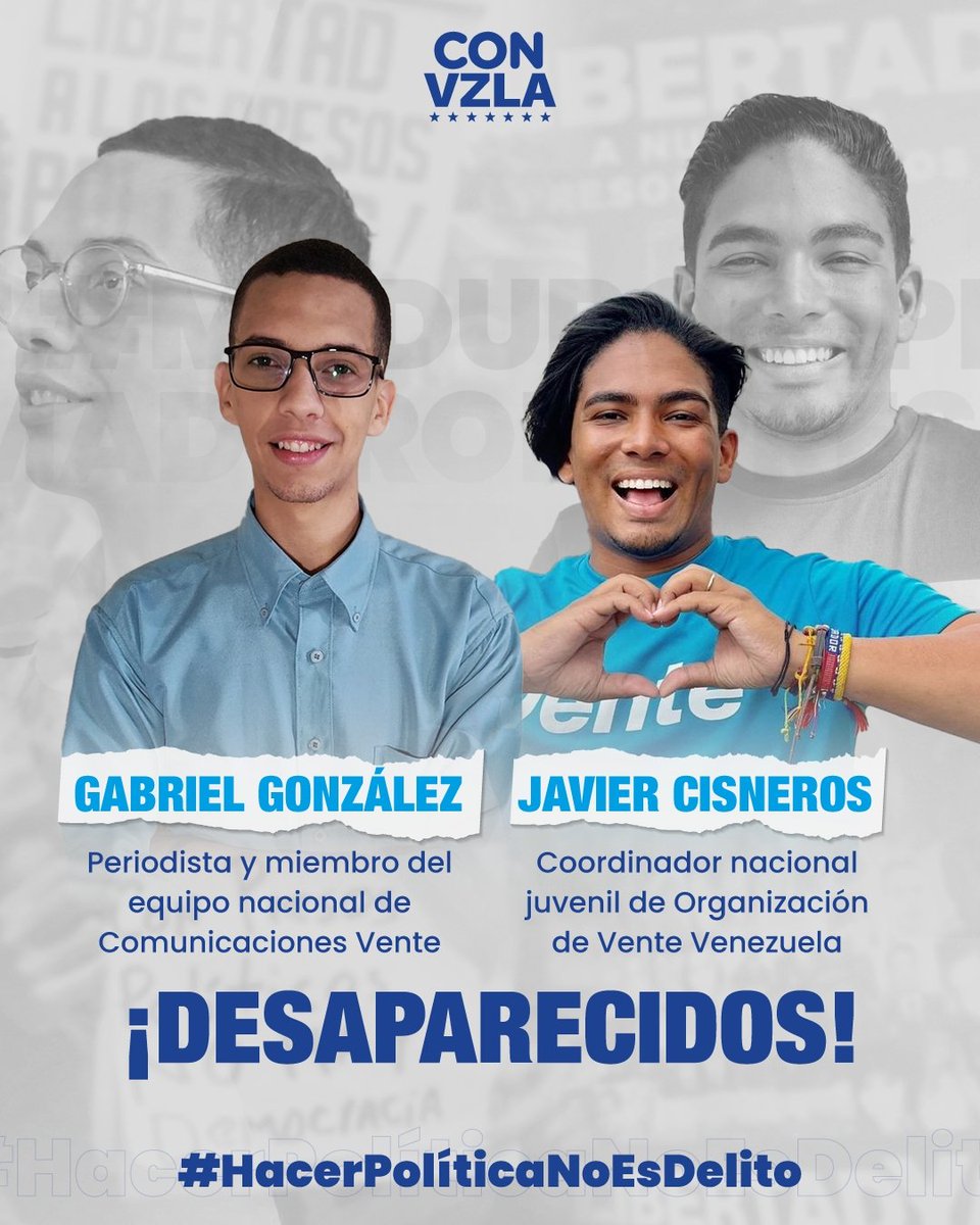 Desde la Plataforma Unitaria Democrática, denunciamos y condenamos la desaparición de dos dirigentes de <a href="/VenteVenezuela/">Vente Venezuela</a> y miembros del <a href="/ConVzlaComando/">Comando ConVzla</a>, Gabriel González y Javier Cisneros. Una vez más, rechazamos contundentemente la utilización de cuerpos de seguridad del Estado