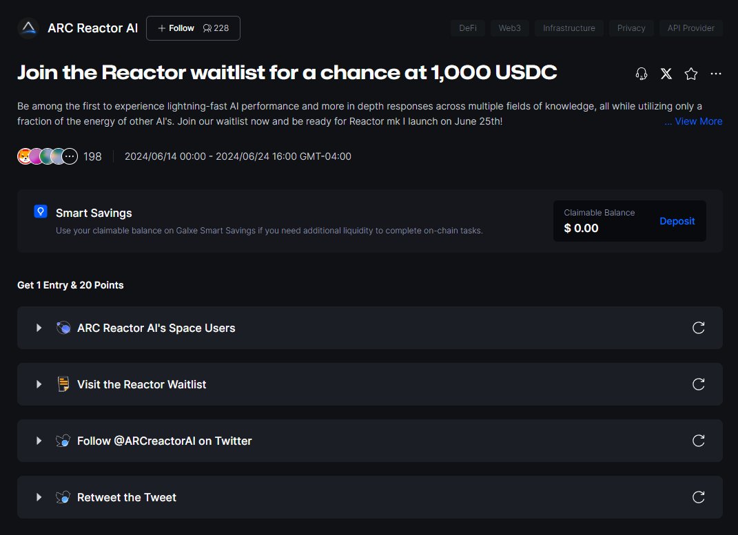 🚀 Don't miss your chance to experience the power of lightning-fast AI! The <a href="/ARCreactorAI/">ARC</a> x <a href="/Galxe/">Galxe</a>  campaign is still live, and you could win 1000 USDC by spreading the word about Reactor. 🌟

👉 Complete a few simple steps and waitlist with your TG, Discord, X, or email to