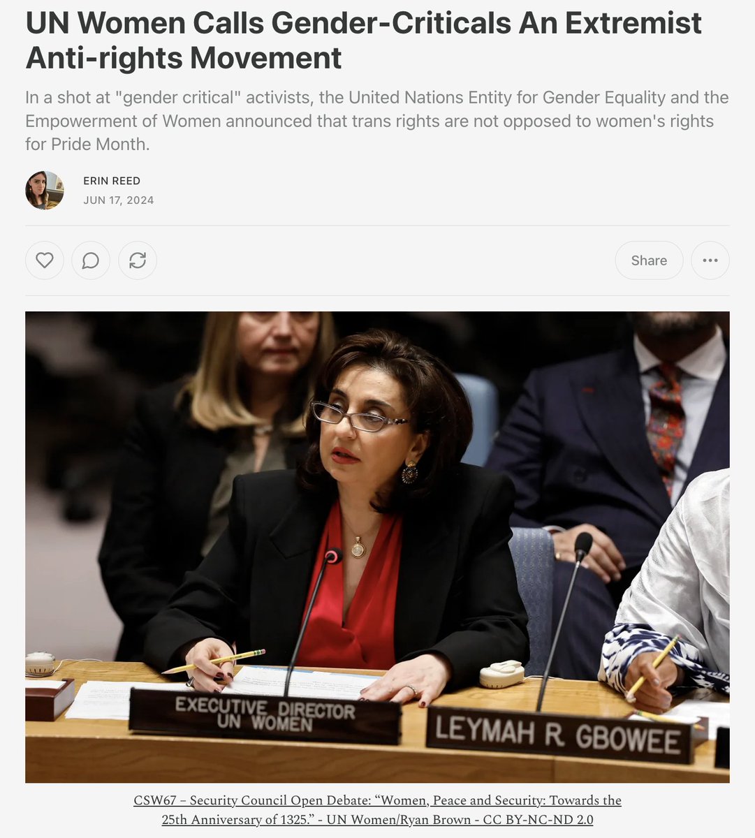 1. In a major move, UN Women, the United Nations Entity tasked with women's equality and protection from violence, has called the gender critical movement an extremist "anti-rights" movement.

This is stunning for many reasons...

Subscribe to support my journalism.