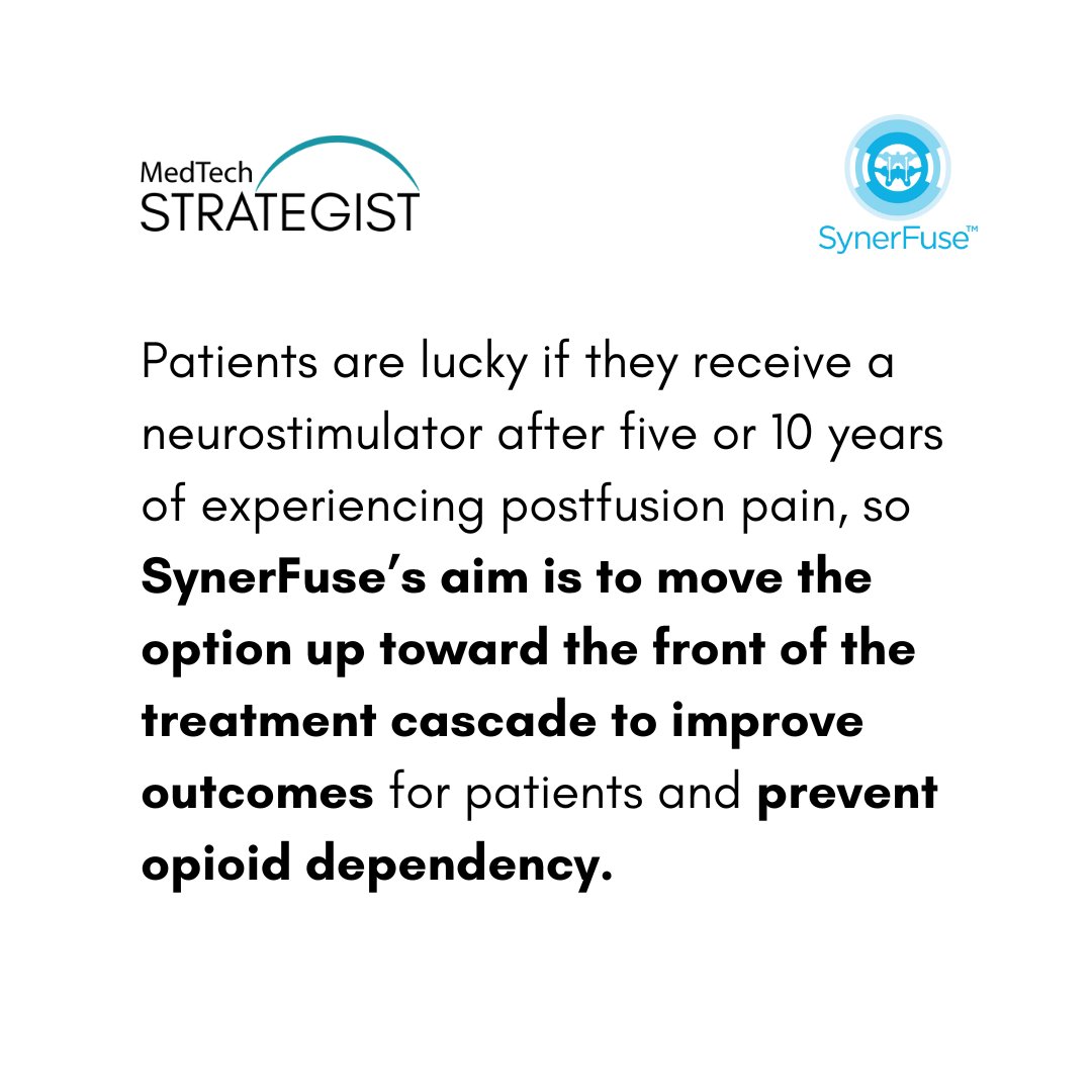 MedTechStrat's tweet image. Chronic neck and leg pain may also lead a patient down the spinal fusion pathway, which #SynerFuse CEO Justin Zenanko calls “the therapy of last resort,” typically following multiple attempts to resolve the pain with physical therapy, cortisone injections, drugs, or other means.