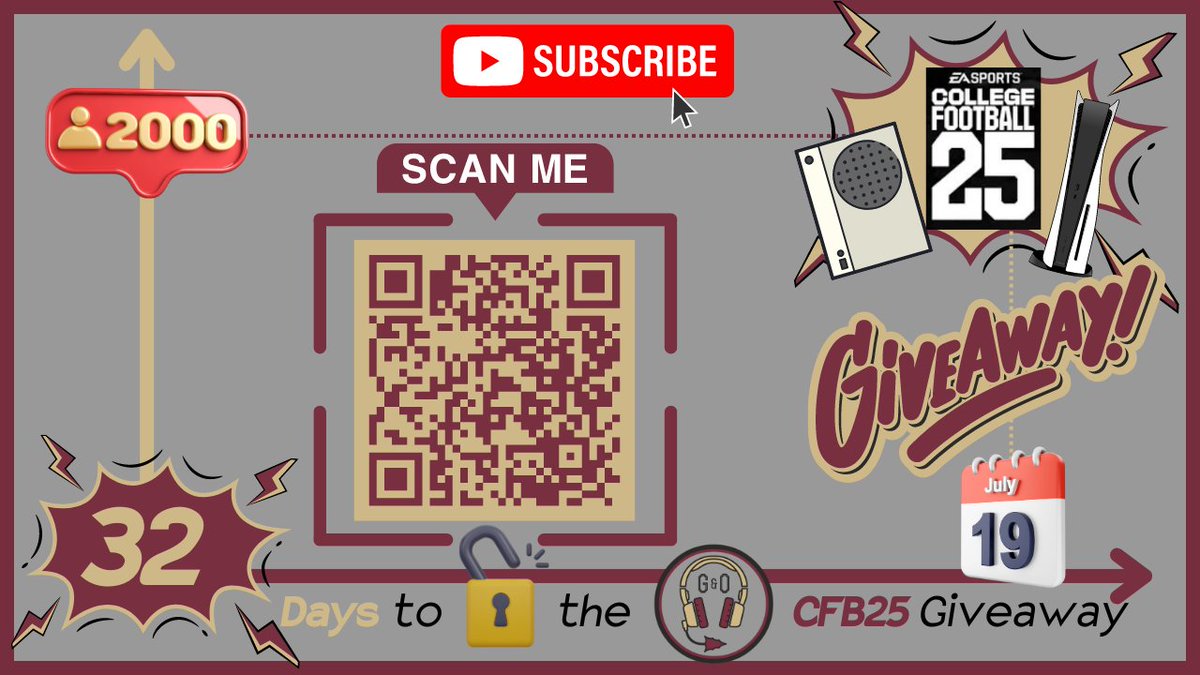 Garnet_Old's tweet photo. 📢#FREE game console and @EASPORTSCollege #CFB25!
Just 32 DAYS to #KeepCLIMBING and hit the 2K goal for our channel and🔓the #GIVEAWAY!
#FSUTwitter
#NoleFamily
#FSUFootball
#NOLES
#MCATDT
#SCATDT
https://t.co/GfpJLTVnAC https://t.co/qrhlkhSAA1
