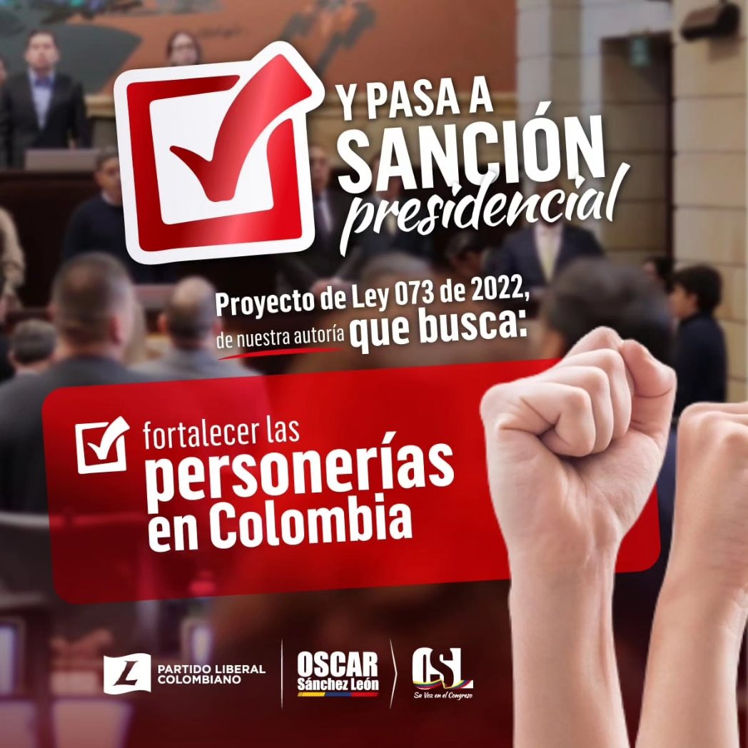 Nos complace anunciar que el 𝐏𝐫𝐨𝐲𝐞𝐜𝐭𝐨 𝐝𝐞 𝐋𝐞𝐲 𝐍° 𝟎𝟕𝟑 𝐂𝐚́𝐦𝐚𝐫𝐚, 𝐝𝐞 𝐧𝐮𝐞𝐬𝐭𝐫𝐚 𝐚𝐮𝐭𝐨𝐫𝐢́𝐚, ha pasado a sanción presidencial. Este proyecto busca fortalecer administrativa y financieramente las personerías de III, IV, V y VI categoría en Colombia.