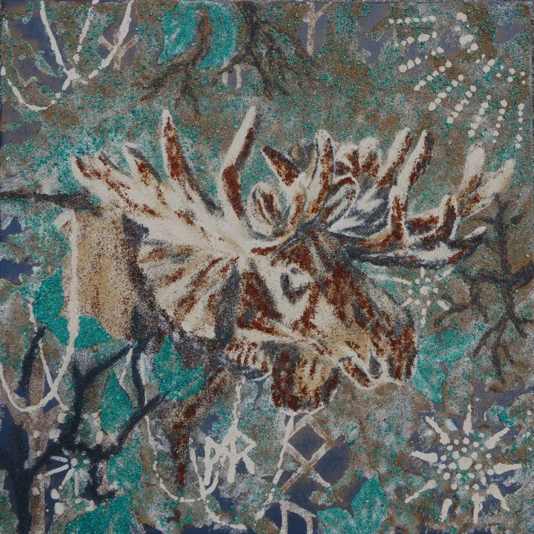 Mystic Moose in the forest. Sand painting. 50x50cm canvas. My paintings and lessons available  autarkwoman.com
 #natureart #Naturkunst 
 #sandpainting #Sandmalerei #painting #Malerei #sandart  #artreel #krafttier #totem #patronus #spirit #spiritanimal #poweranimal
