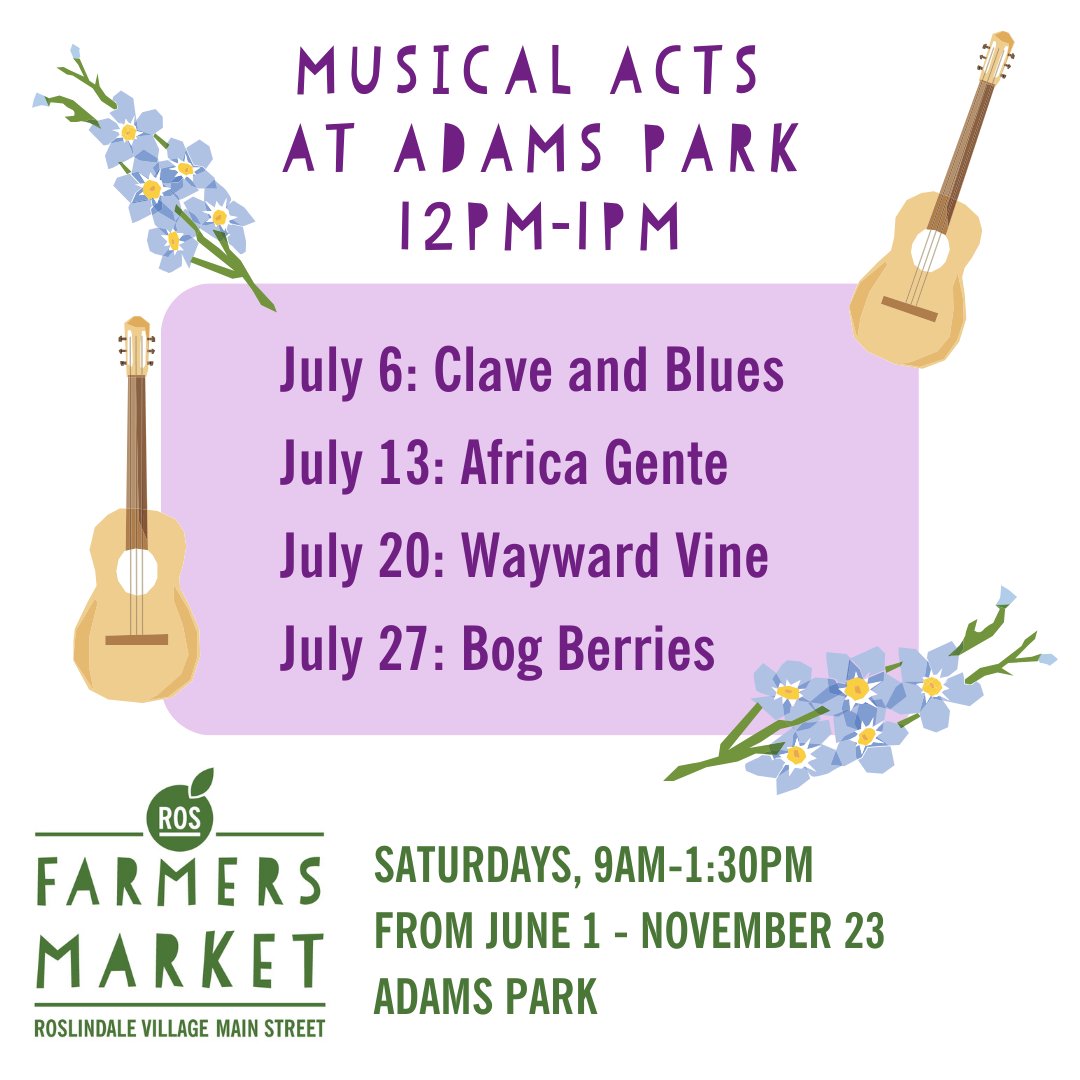 RosMainStreet's tweet photo. Each week at the Farmers Market, in addition to the fresh fruits and veggies and other awesome vendors, we have a full lineup of entertainment for you. Check out our scheduled musicians here! 

See the full lineup at https://t.co/o6mYwPHdL9

#ROSLove https://t.co/XIwVS1Fb6C