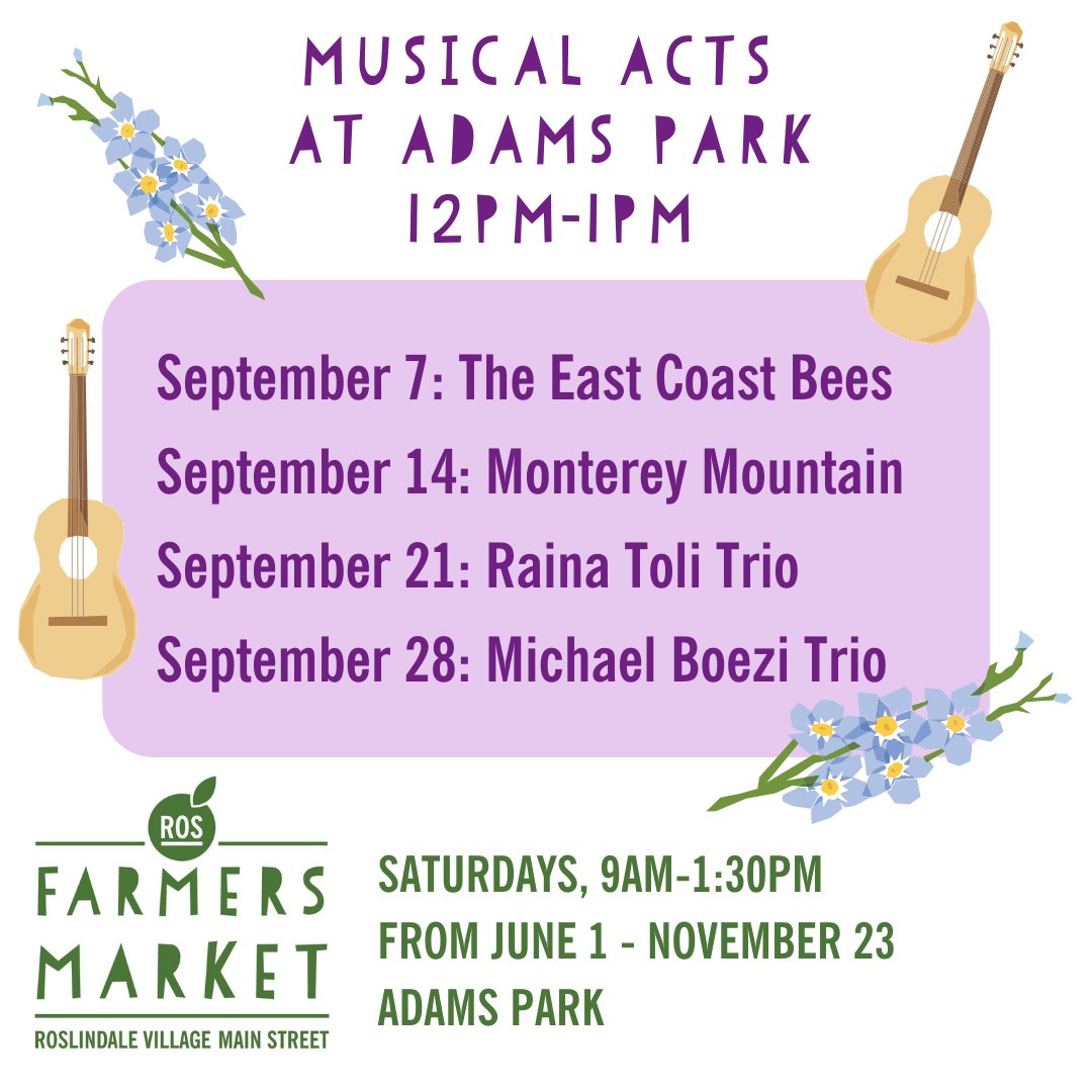 RosMainStreet's tweet photo. Each week at the Farmers Market, in addition to the fresh fruits and veggies and other awesome vendors, we have a full lineup of entertainment for you. Check out our scheduled musicians here! 

See the full lineup at https://t.co/o6mYwPHdL9

#ROSLove https://t.co/XIwVS1Fb6C