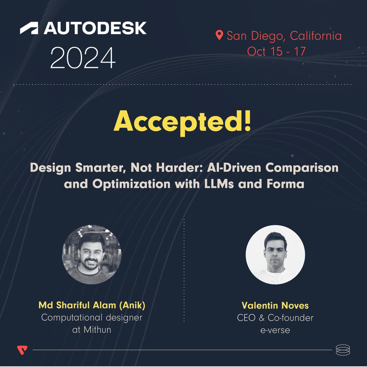 Thrilled to be back at <a href="/autodesku/">Autodesk University</a>  2024! 

This year, we'll share the stage with <a href="/mithun_design/">Mithun</a>  to present "Design Smarter, Not Harder: AI-Driven Comparison and Optimization with LLMs and Form." 

Congrats to our speakers, <a href="/valenoves/">Valentin Noves</a> &amp; Md Shariful Alam.

#AU #AU2024 #AECevents
