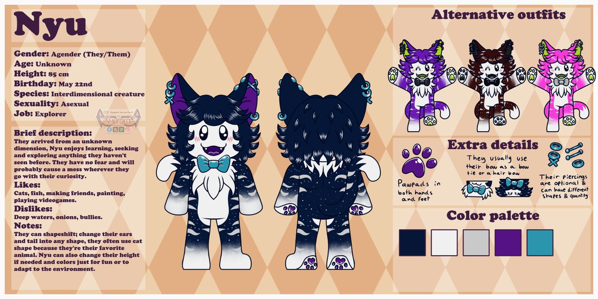 Nyu [2024]

New character appears! Based on one of my Roblox avatars, I made this small bean an actual character, they're NOT my fursona, just a possible mascot or representation for a future content channel!

#oc #originalcharacter #robloxcharacter #referencesheet