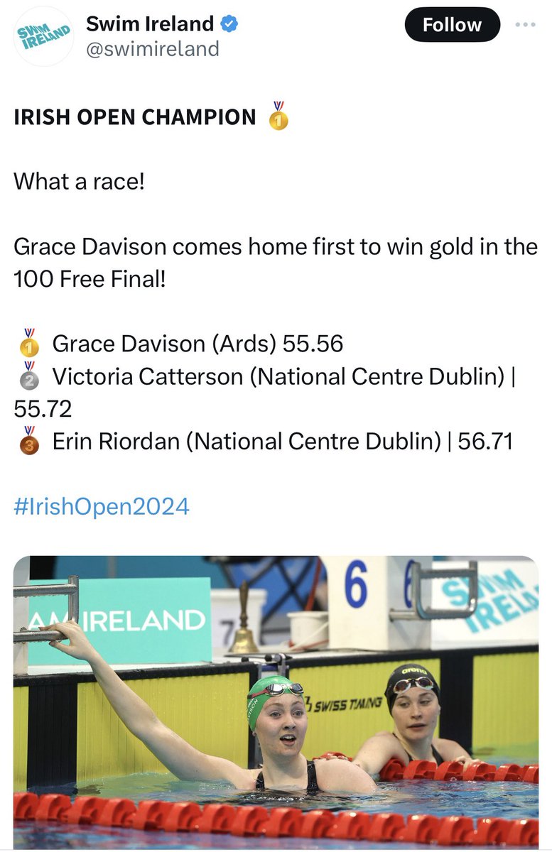 Huge congratulations to Grace Davison as she continues to clock up Irish Open Champion titles &amp; Irish Junior Records in the pool. Grace has managed to do all this at the recent Irish Open Championships and Olympic Trials as well as GCSE exams. Super swimming Grace 👏👍💪🏊‍♀️#e#e#e