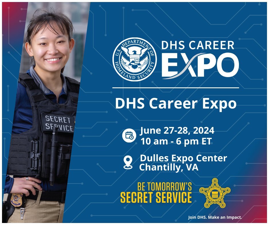 SecretService's tweet photo. π Are you looking for a career that matters? Secret Service reps will be at the @DHSgov Career Expo looking for skilled candidates to join our diverse workforce in all career fields.
https://t.co/349IwUn1oh
#DHSCareerExpo #BeTomorrowsSecretService https://t.co/fFqrEMdVSh