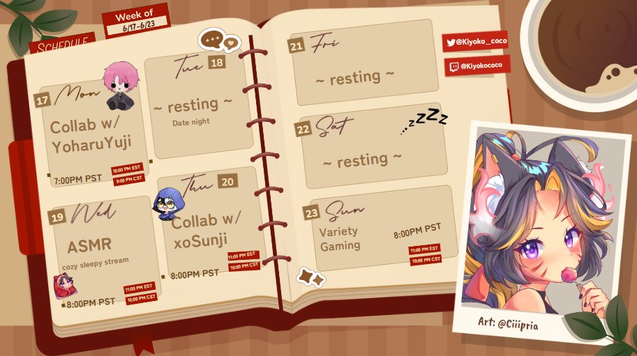 ❤️[Stream Schedule 6/17-6/23]🖤

      ~ collabs this week ~ 
🌸: <a href="/yoharuyuji/">Yuji 🌸🌑「夜春 · ゆじ」</a> Monday 7pm PST 
💜: <a href="/xosunji/">Sunji 🐍 ⚔️</a> Thursday 8pm PST 
#Vtubers