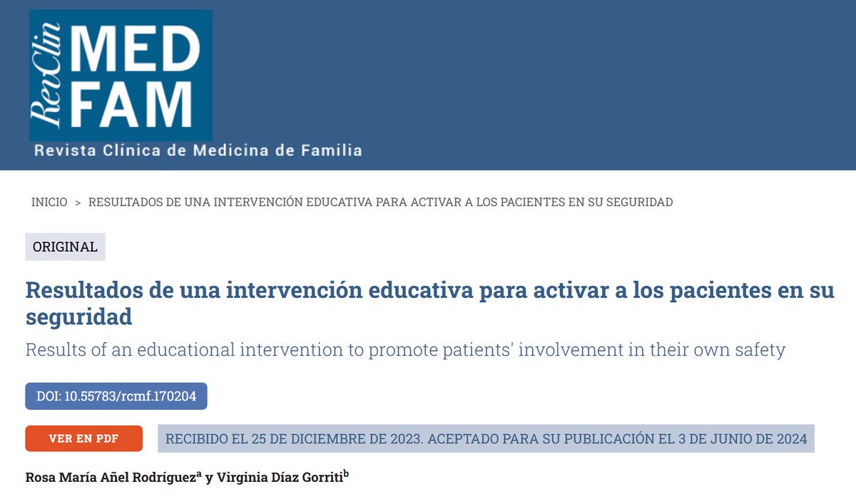 Resultados de una intervención educativa para activar y capacitar a los pacientes para que participen reforzando su seguridad durante la asistencia sanitaria, en condiciones reales.
revclinmedfam.com/article/result…
Por Rosa Añel <a href="/roanelSP/">Rosa Añel </a>  y Virginia Díaz en <a href="/RevClinMedFam/">Revista Clínica de Medicina de Familia</a> #SegPac