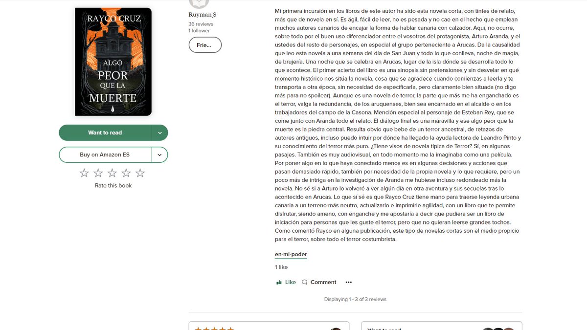 RaycoCruz's tweet photo. Miren que pedazo de reseña de 4⭐️acaban de dejar en Goodreads a mi noveleta #algopeorquelamuerte! ¿Te animas a dejar la tuya?
#librodeterror #novela #terroristattacks https://t.co/5vQhId5Mob https://t.co/tqzDiJq0hk