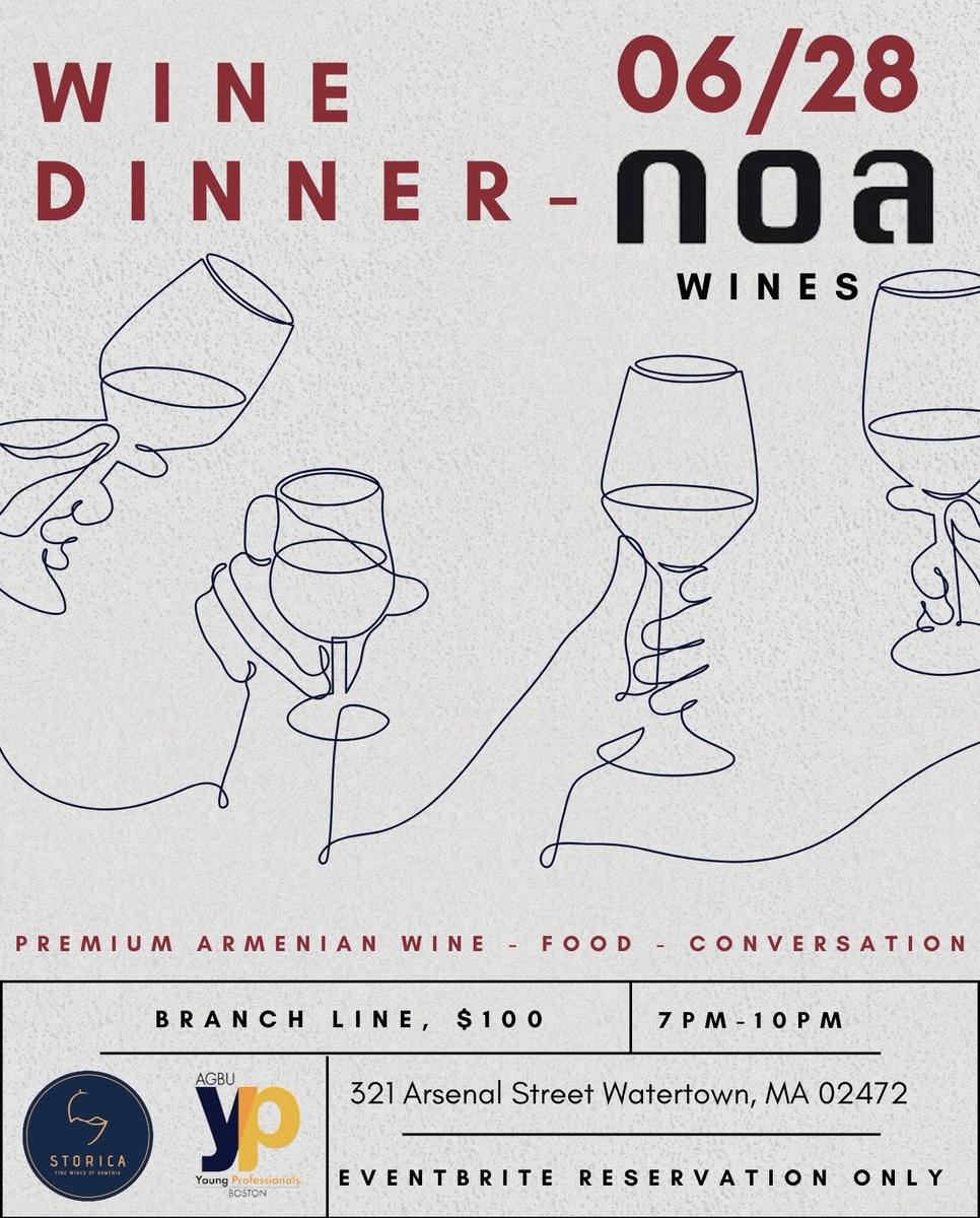 Join AGBU YP Boston and Storica Wines for an evening of Armenian wine, excellent food, and conversation at Branch Line in Watertown, MA! 

Purchase your tickets today:  

eventbrite.com/e/dinner-with-…