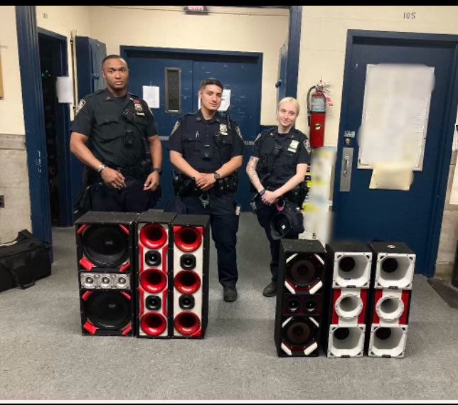 While patrolling Highland Park last night, our Officers heard excessively loud music coming from the vicinity disturbing the Quality of Life of local residents. 

They observed the speaker on top of a car. They took enforcement, issuing a summons to the owner &amp; seized the device!