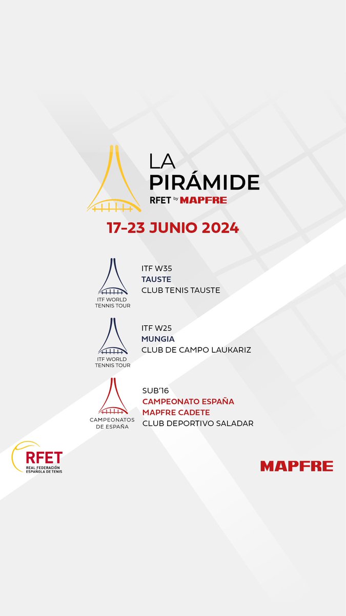 🥁 Esta semana, en #LaPiramideRFET by <a href="/mapfre/">Mapfre</a>... ¡Arrancan los Campeonatos de España juveniles!

💙 Doble cita #ITF en Tauste y Mungia
❤️ El <a href="/CD_Saladar/">C. D. Saladar</a> , primera sede del calendario

¡Os esperamos a tod@s!