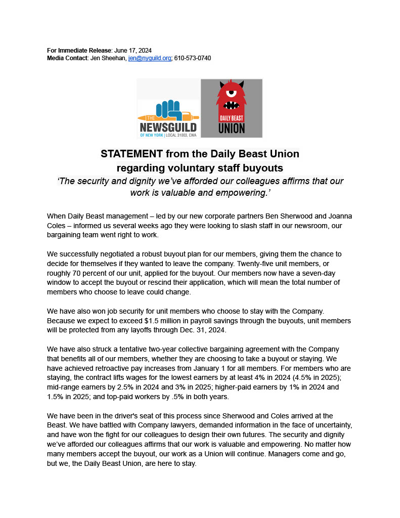 dailybeastunion's tweet photo. A message from The Daily Beast Union, regarding recent reports of voluntary member buyouts. https://t.co/uFAzrgPxYO