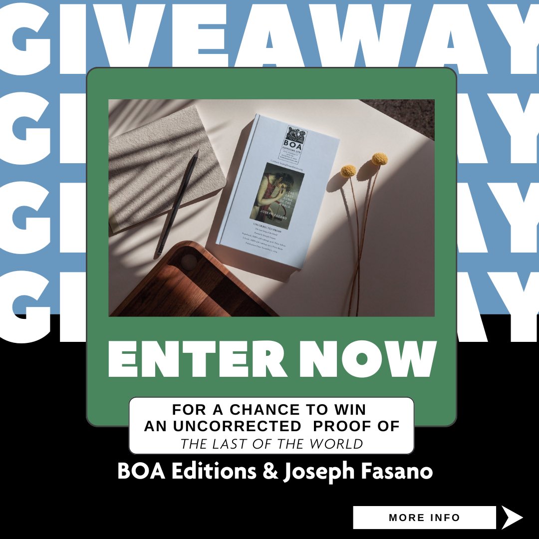 Giveaway! Enter for a chance to win a limited-edition proof of my new book, "The Last Song of the World"!

To enter: 
1️⃣ Follow both <a href="/boaeditions/">BOA Editions</a> &amp; me (<a href="/Joseph_Fasano_/">Joseph Fasano</a>) for updates
2️⃣ Like this tweet
3️⃣ Retweet this tweet, tagging 3 friends
📆 Deadline: Sunday, June 23rd