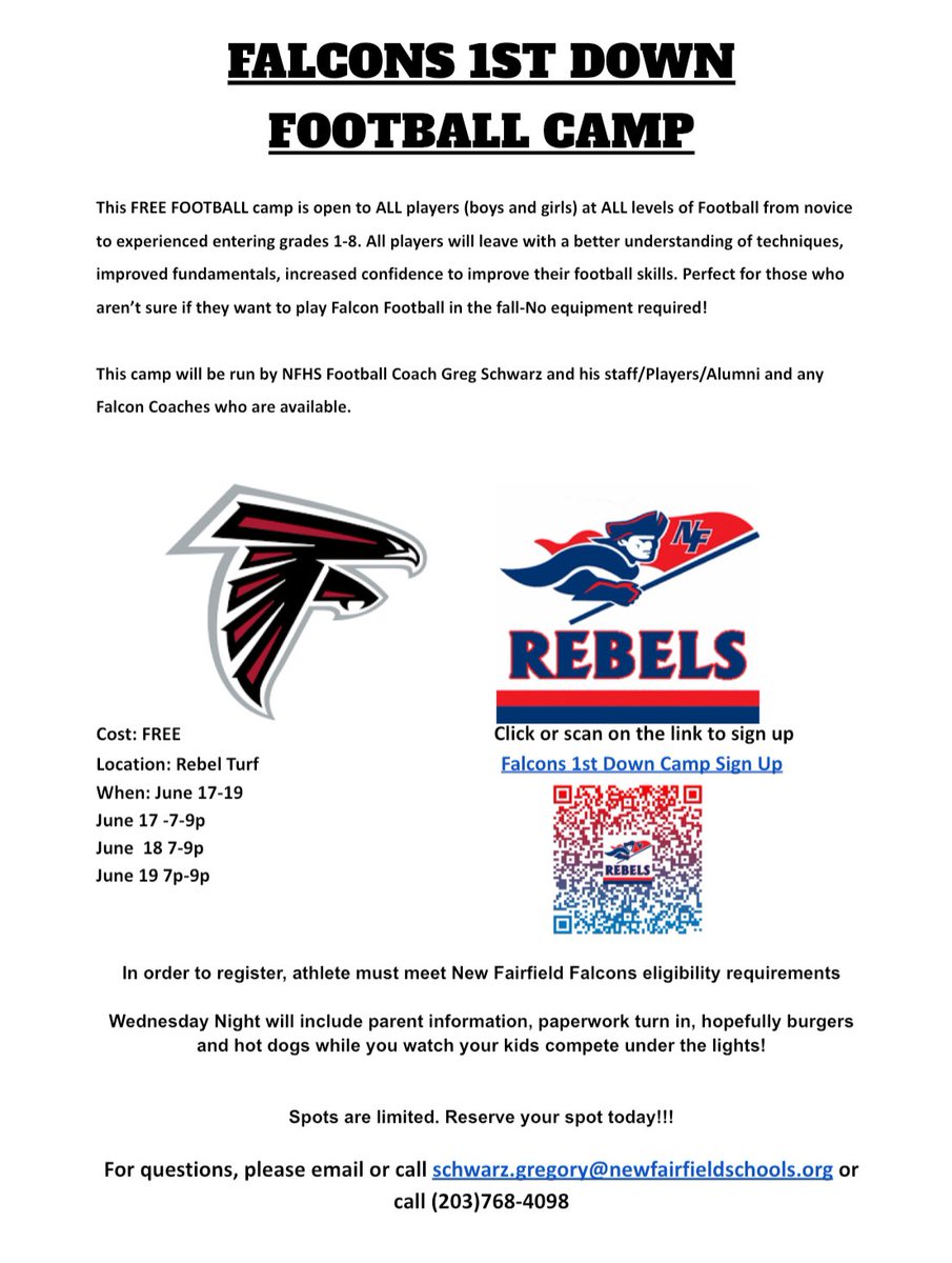 NFRebelPower's tweet photo. The Official Start of Summer😎
Falcon Camp Begins Tonight!!!
FREE to all Players Eligible for Falcon Pop Warner Football!!
❤️🖤🔜❤️💙

ALL @RebelsNf 🏈 Alumni are Welcome to attend!!! https://t.co/3cHJc37WYk