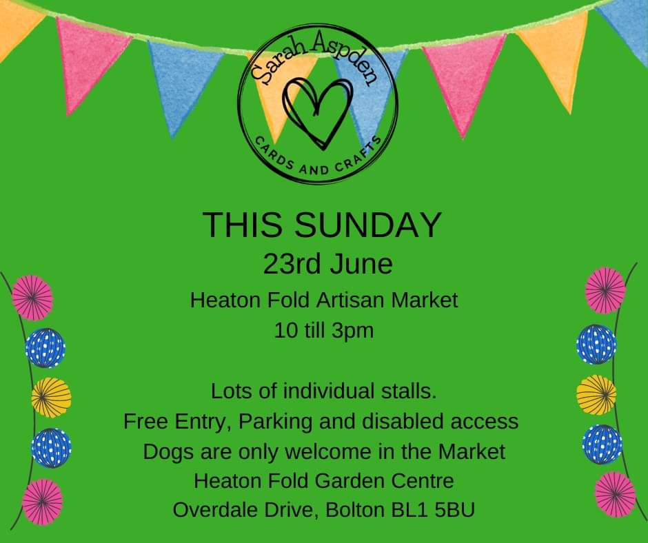 This Sunday 23rd June 10 till 3pm. Heaton Fold Artisan Market <a href="/HeatonFold/">Heaton Fold Garden Centre and Cafe</a> Free parking, entry and disabled access.  Dogs are only welcome in the market. 
<a href="/stallfinder/">Stallfinder</a> <a href="/HFArtisanMarket/">Heaton Fold Artisan Mkt</a> <a href="/HLAllotments/">Harpers Lane Allotments</a>