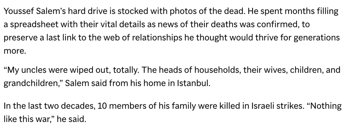 evanhill's tweet photo. Israel's war in Gaza is wiping out entire Palestinian families at a rate never seen before: An Associated Press investigation identified at least 60 Palestinian families where at least 25 people were killed — sometimes four generations from the same bloodline — in bombings between October and December. 

https://t.co/IZk8pFIvC6