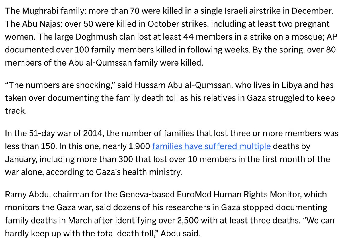 evanhill's tweet photo. Israel's war in Gaza is wiping out entire Palestinian families at a rate never seen before: An Associated Press investigation identified at least 60 Palestinian families where at least 25 people were killed — sometimes four generations from the same bloodline — in bombings between October and December. 

https://t.co/IZk8pFIvC6