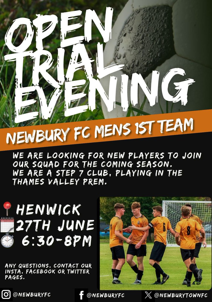 Kicking this season off with an open trial evening on Thursday 27th June 6:30-8:00 at Henwick 🟠⚫️⚽️ All welcome, any questions don’t hesitate to get in touch ⚽️ <a href="/ThamesValleyPL/">Thames Valley PL</a> <a href="/fiberkshire/">Football in Berkshire</a> <a href="/NewburyFootball/">Newbury Community Football Group</a> <a href="/JKOD1992/">O’D</a> <a href="/Ben_Wickens/">Ben Wickens</a>