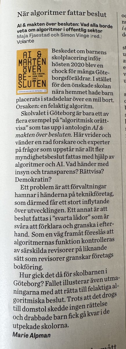 Fint att se en recension i <a href="/FoFramsteg/">Forskning & Framsteg</a> av ”AI &amp; Makten över besluten”, en antologi med Maja Fjaestad och <a href="/s_vinge/">Simon Vinge</a> som redaktörer, utgiven av <a href="/VolanteForlag/">Volante</a>.

Mitt kapitel, om tajmingfrågor med reglering av AI, hittar man mer om här: portal.research.lu.se/sv/publication…