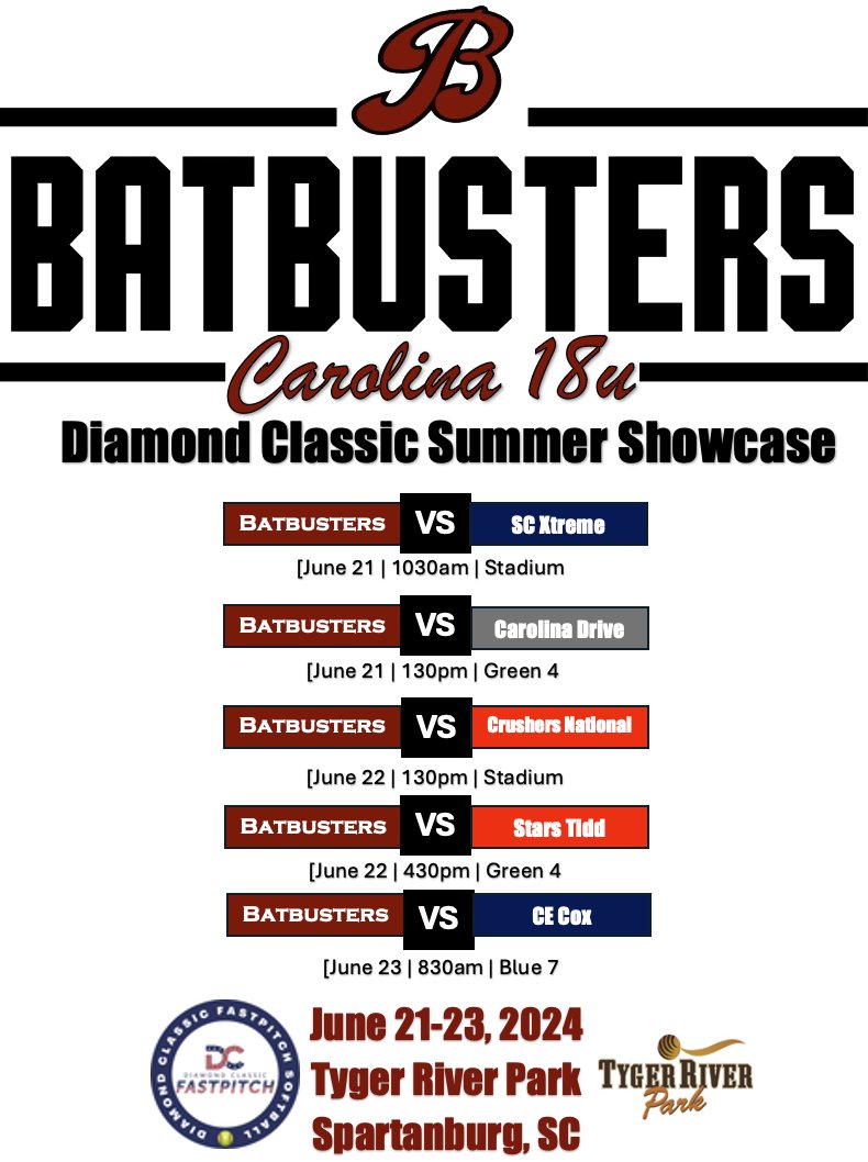 Logan Smith '26 (@logansmith_2026) on Twitter photo Get to start my summer season with my Batbusters Carolina team this weekend at the Diamond Classic Showcase at Tyger River Park. Here is our schedule, hope to see you at the fields. <a href="/Coach_TMeds/">Tonya Medders</a> <a href="/PACKUPSTATE/">bryan pack</a> <a href="/Maddie_Evans7/">Maddie Evans Gibbs</a> <a href="/ksettlemyre12/">Kendall Settlemyre</a> <a href="/CoachKayleigh20/">Kayleigh Jonas</a> <a href="/CoachpooleU/">CoachPoole_USCA</a> Get to start my summer season with my Batbusters Carolina team this weekend at the Diamond Classic Showcase at Tyger River Park. Here is our schedule, hope to see you at the fields. <a href="/Coach_TMeds/">Tonya Medders</a> <a href="/PACKUPSTATE/">bryan pack</a> <a href="/Maddie_Evans7/">Maddie Evans Gibbs</a> <a href="/ksettlemyre12/">Kendall Settlemyre</a> <a href="/CoachKayleigh20/">Kayleigh Jonas</a> <a href="/CoachpooleU/">CoachPoole_USCA</a>